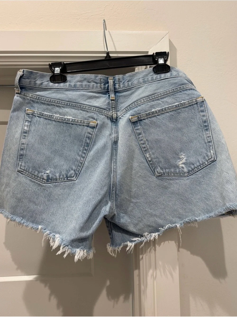 Agolde Parker long Light Blue Frayed Hem Denim Shorts